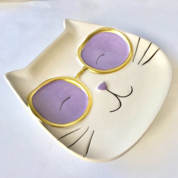 Ceramic Cat Trinket Dish Jewelry Tray Soap Dish Pink Blue Purple Cream Kitty - Picture 4 of 15